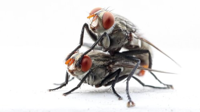 A pair of house flies copulate on a white background, macro view.