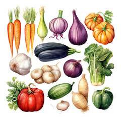Generative AI illustration with hand drawn vegetables: broccoli, paprika, carrot, cucumber, garlic, potato, tomato, eggplant, beet