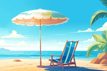 Generative AI Beach chaise longue with umbrella, beach scene with sea and palms. Vector illustration in flat style