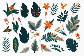 Generative AI Tropical flowers and leaves, collection isolated elements. Vector illustration design template in flat style