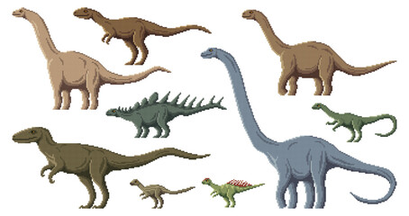 Pixel dinosaur characters. 8 bit pixel art game dino animals. Anchisaurus, Barapasaurus, Wannanosaurus and Hypselosaurus, Kentrosaurus, Zephyrosaurus Jurassic era reptiles or pixel vector dinosaurs