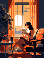 Generative AI Stay home concept. Woman reading a book in cozy modern interior. Vector illustration in flat style