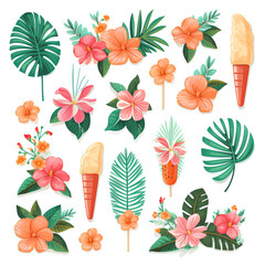 Fototapeta na wymiar Generative AI Tropical flowers and leaves collection - illustration in flat style, design template.