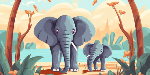 Generative AI Wild animals with landscape - cute cartoon vector illustration of elephant