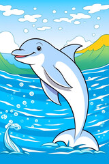 Fototapeta premium Generative AI Sea animals with landscape - cute cartoon vector illustration of dolphin