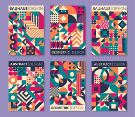 Geometric bauhaus posters and abstract patterns. Vector backgrounds of simple geometric shapes with color circles, squares, triangles and wavy lines. Bauhaus patterns for wall arts, covers and banners