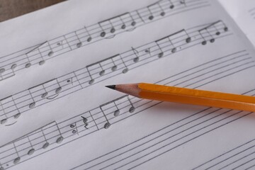 Fototapeta na wymiar Sheet with musical notes and pencil, closeup view