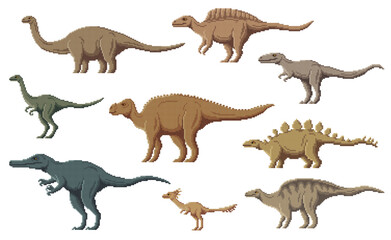 Pixel dinosaur characters. 8 bit pixel art game dino animals. Ouranosaurus, Probactrosaurus, Suchomimus and Alectrosaurus, Alvarezsaurus, Aralosaurus prehistoric reptiles, vector pixel dinosaurs