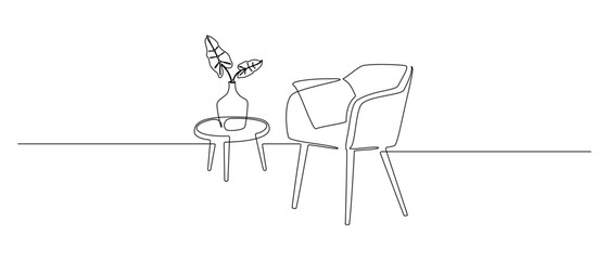 One continuous Line drawing of armchair and table with plant. Modern furniture for living and office room interior in simple linear style. Editable stroke. Doodle vector illustration © Olga Rai