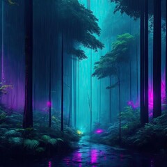 A forest with a blue light and a green light. Generative AI