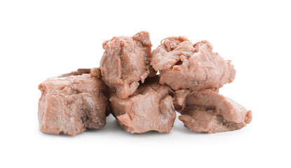 Pieces of tasty cod liver on white background