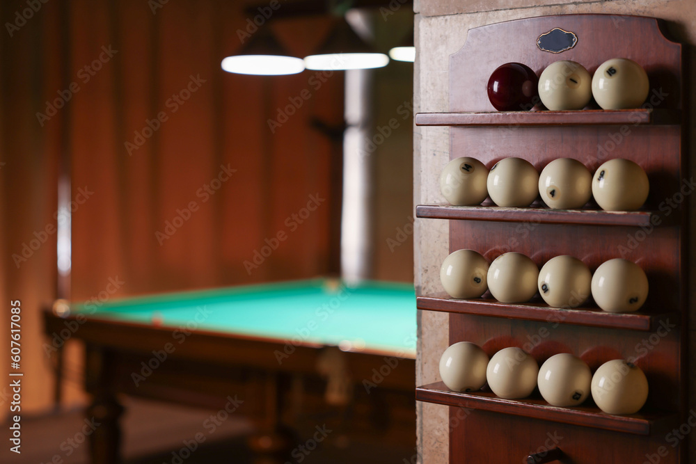 Canvas Prints Set of billiard balls on wooden shelves indoors, closeup. Space for text