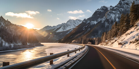 Winter Journey: Sunset on a Glossy Mountain Road