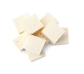 Delicious tofu cheese isolated on white, top view