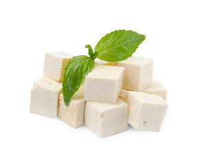 Delicious tofu cheese and basil isolated on white
