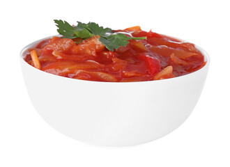 Delicious lecho in bowl isolated on white