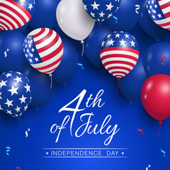 4th July Independence Day Celebration banner With Balloons Flag on Blue vector Background
