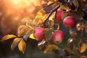 ripe red apples hang on a tree branch. sunset light. AI generated