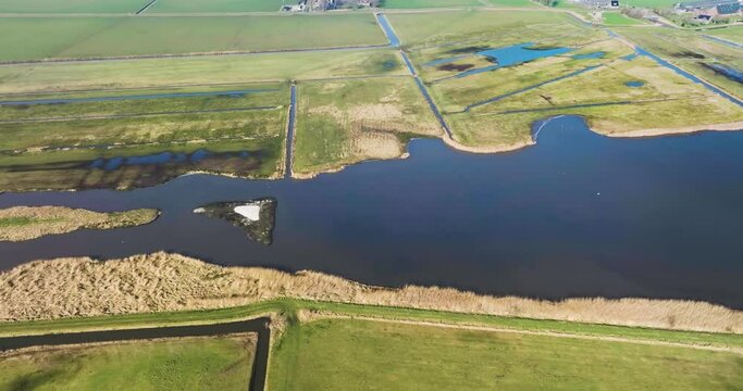 Aerial view of lake, grassland and marsh, flying sidewards in nature reserve Hoeksmeer, province of Groningen, The Netherlands.