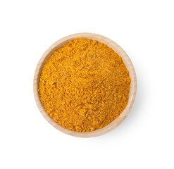 Bowl with curry powder isolated on white, top view