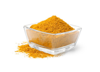 Glass bowl with curry powder isolated on white