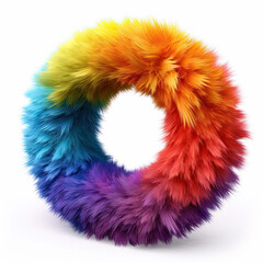 Furry letter in rainbow pride colors made of fur and feathers. Capital O