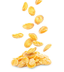 Golden corn flakes falling on white background