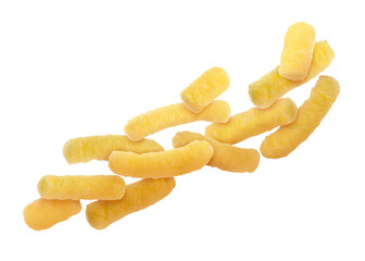 Many tasty corn sticks falling on white background