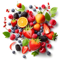 fresh bright fruits and berries on a white background. AI generated