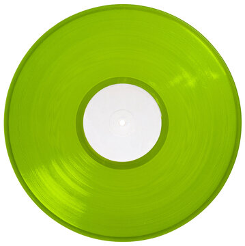Green vinyl record 12'' realistic photography, isolated png on transparent background for graphic design	