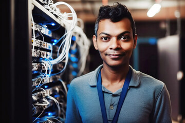 Portrait of Indian engineer tech in computer server room. Generative AI.