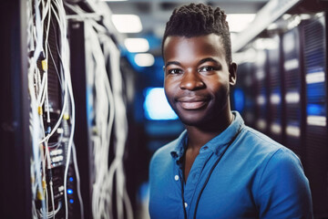 Portrait of Black engineer tech in computer server room. Generative AI.