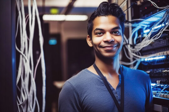 Portrait of Indian engineer in computer server room. Generative AI.