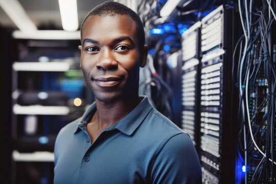 Portrait of Black engineer in computer server room. Generative AI.