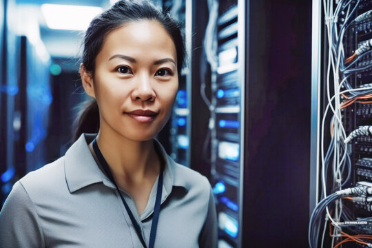 Portrait of Asian woman engineer tech in computer server room. Generative AI.