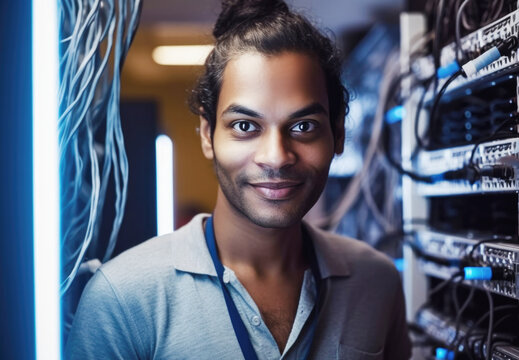 Portrait of Indian engineer technician in computer server room. Generative AI.