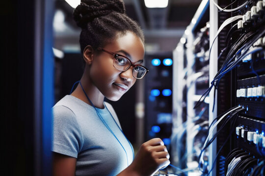 Portrait of Black woman technician in computer server room. Generative AI.