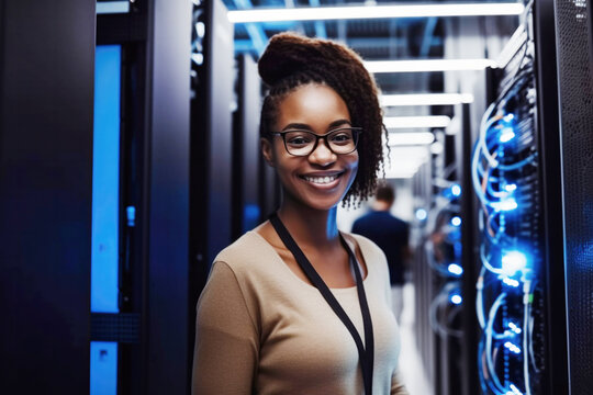 Portrait of Black woman engineer tech in computer server room. Generative AI.