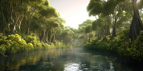 Mangrove forest view, panorama of dark wild jungle and water, generative AI.