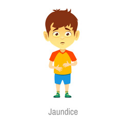Jaundice child disease, isolated vector sick boy with yellow face and eyes, yellowish skin cause to high bilirubin level. Kid liver disease symptom. Dangerous Illness diagnosis and infant health care