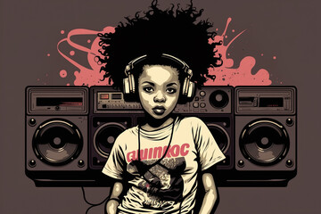 Black girl listens hip hop music, portrait of fictional teenager, illustration, generative AI - obrazy, fototapety, plakaty