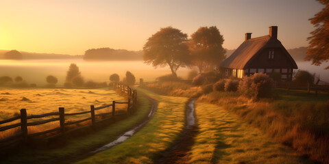 Fototapeta na wymiar Country Bliss: Foggy Sunrise Over a Cozy Cottage