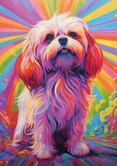 Colorful malteses dog portrait with long hair and rainbow background 