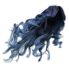 Blue windblown long wavy hair on isolated white background, 3D Illustration, 3D Rendering