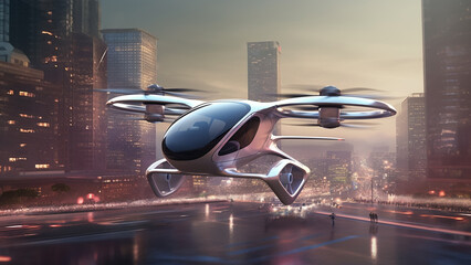 Future of air mobility, city air taxi, Autonomous High-speed  drone aircraft is landing on a street in a modern city. Generative AI