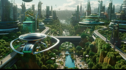 Eco-futuristic cityscape full with greenery, shared taxicabs, skyscrapers, parks, and other green spaces in urban area. Green garden in modern city. Generative AI. © VideoMeile