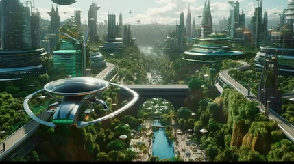 Eco-futuristic cityscape full with greenery, shared taxicabs, skyscrapers, parks, and other green spaces in urban area. Green garden in modern city. Generative AI. © VideoMeile