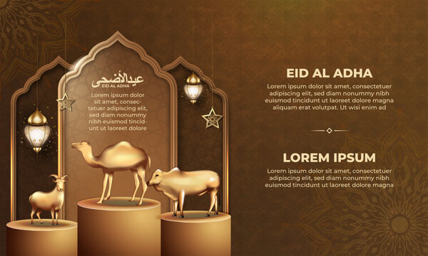eid al adha background with goat, camel and cow for poster, banner design. vector illustration