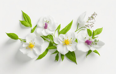 Fototapeta premium Spring flower on white background copy space flat lay mock up