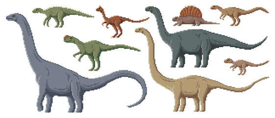 Pixel dinosaur characters. 8 bit pixel art game dino animals. Dryosaurus, Edaphosaurus, Cetiosaurus and Scutellosaurus, Paralititan, Mamenchisaurus prehistoric extinct reptile or pixel vector dinosaur
